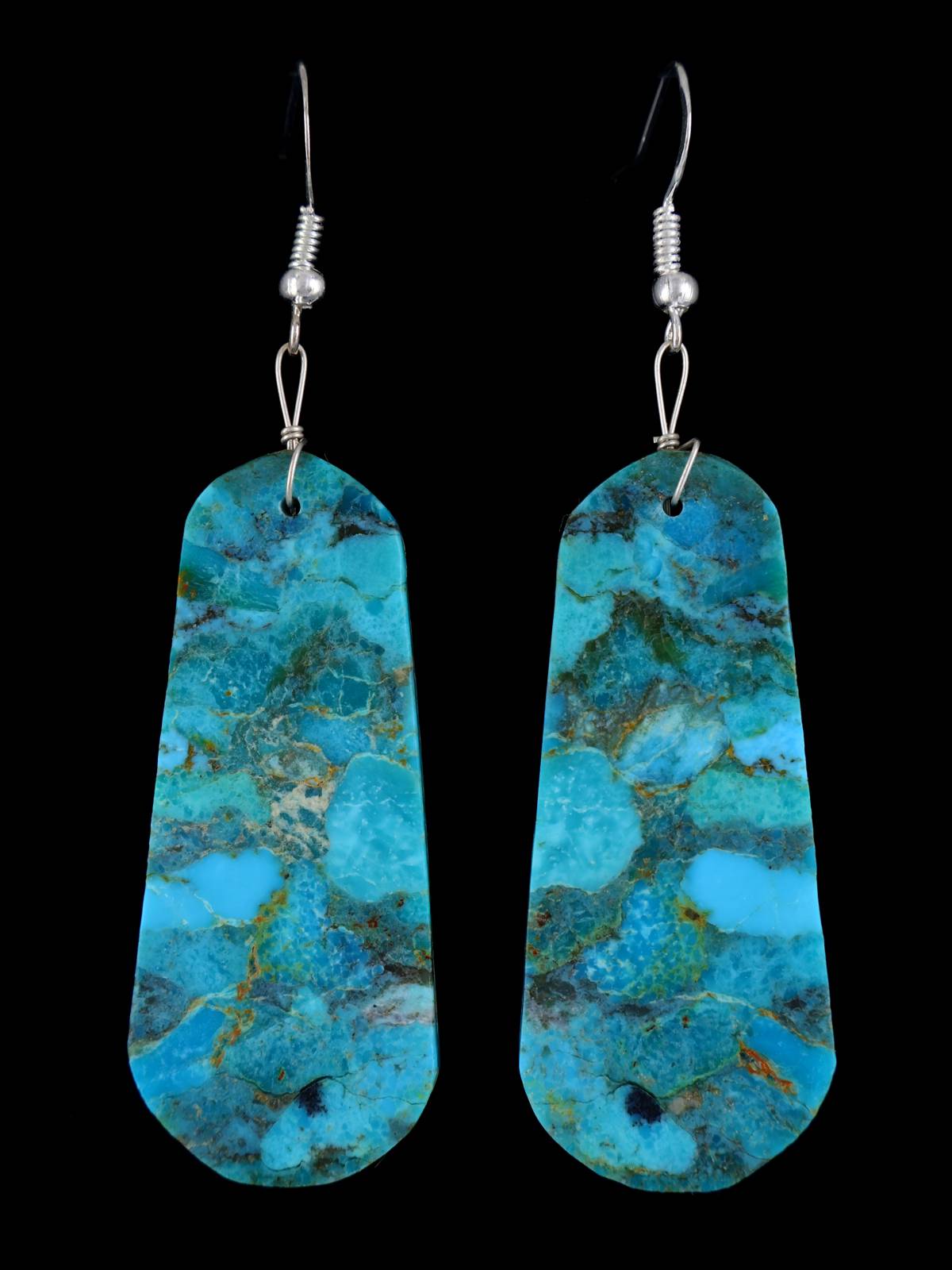 Navajo Compressed Turquoise Slab Dangle Earrings