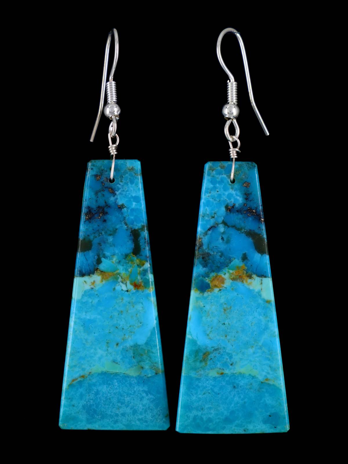 Navajo Compressed Turquoise Slab Dangle Earrings