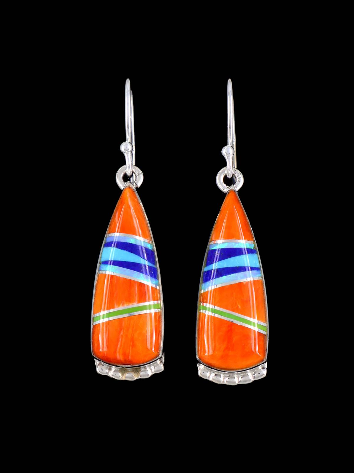 Navajo Sterling Silver Spiny Oyster Inlay Dangle Earrings