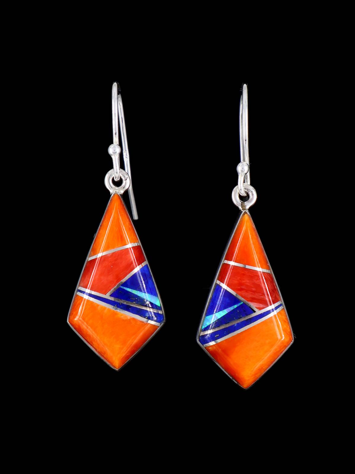 Navajo Sterling Silver Mosaic Inlay Dangle Earrings