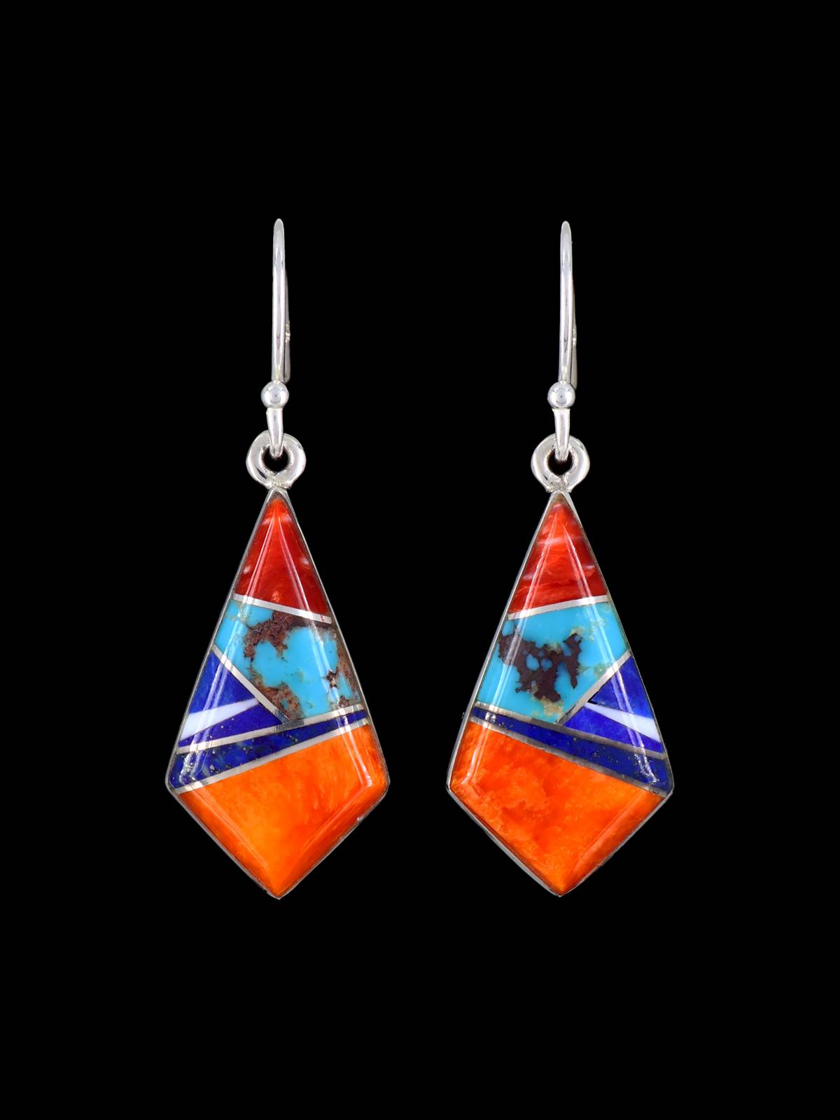 Navajo Sterling Silver Mosaic Inlay Dangle Earrings