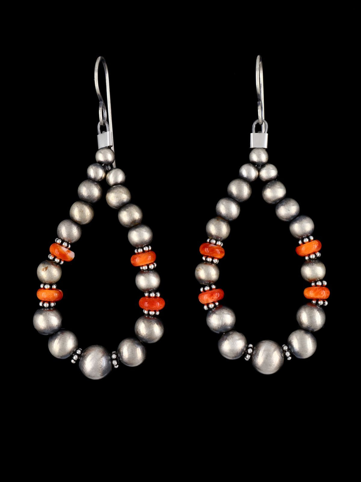 Navajo Sterling Silver and Spiny Oyster Beaded Dangle Earrings - PuebloDirect.com