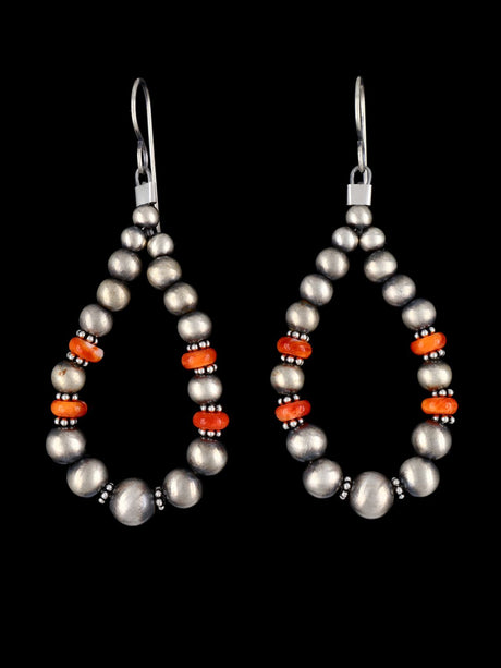 Navajo Sterling Silver and Spiny Oyster Beaded Dangle Earrings - PuebloDirect.com