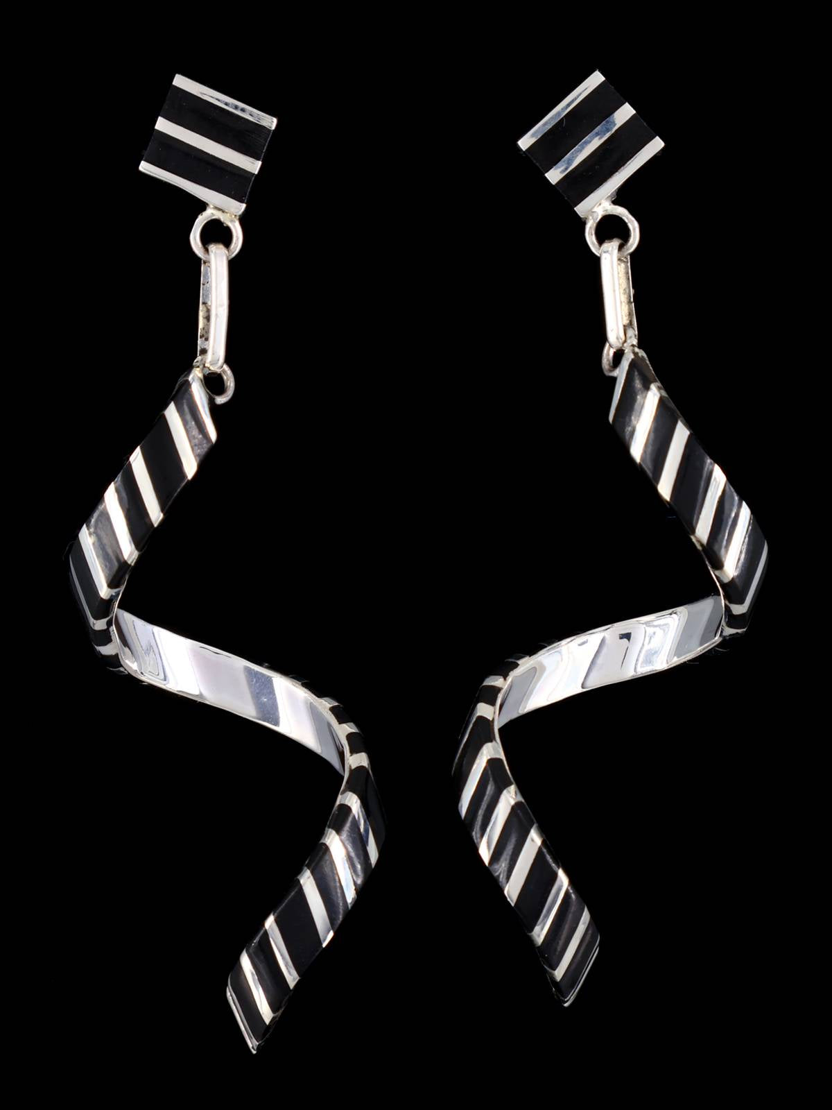 Zuni Sterling Silver Onyx Twisted Post Earrings - PuebloDirect.com