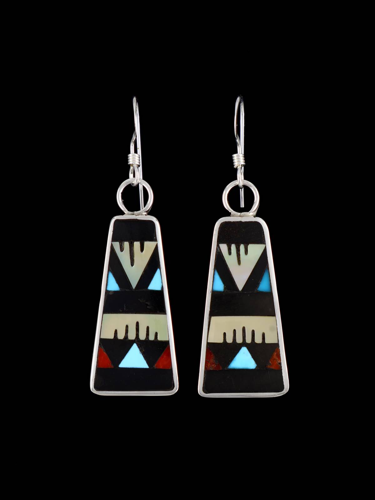 Zuni Inlay Sterling Silver Multistone Dangle Earrings - PuebloDirect.com