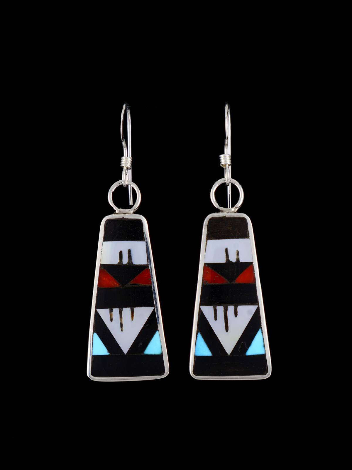 Zuni Inlay Sterling Silver Multistone Dangle Earrings