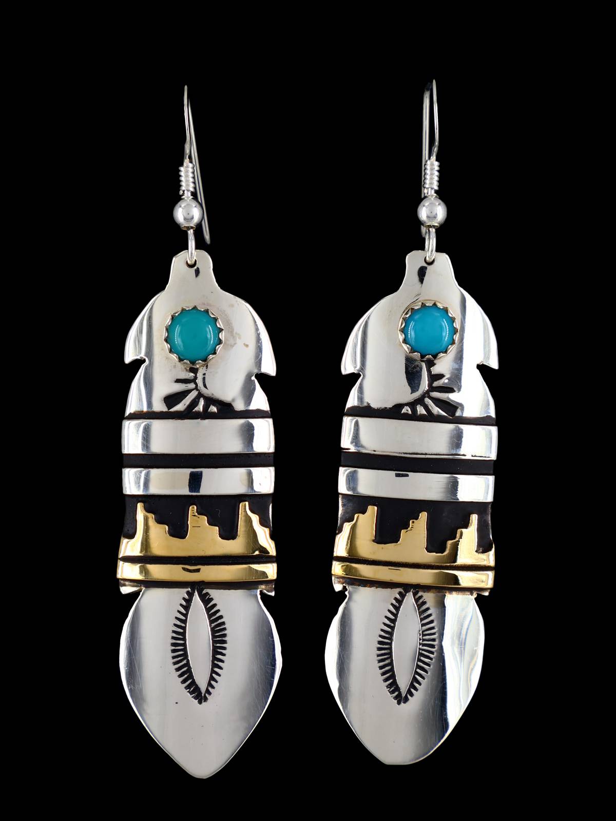 Navajo Overlay Sterling Silver and Gold Dangle Earrings