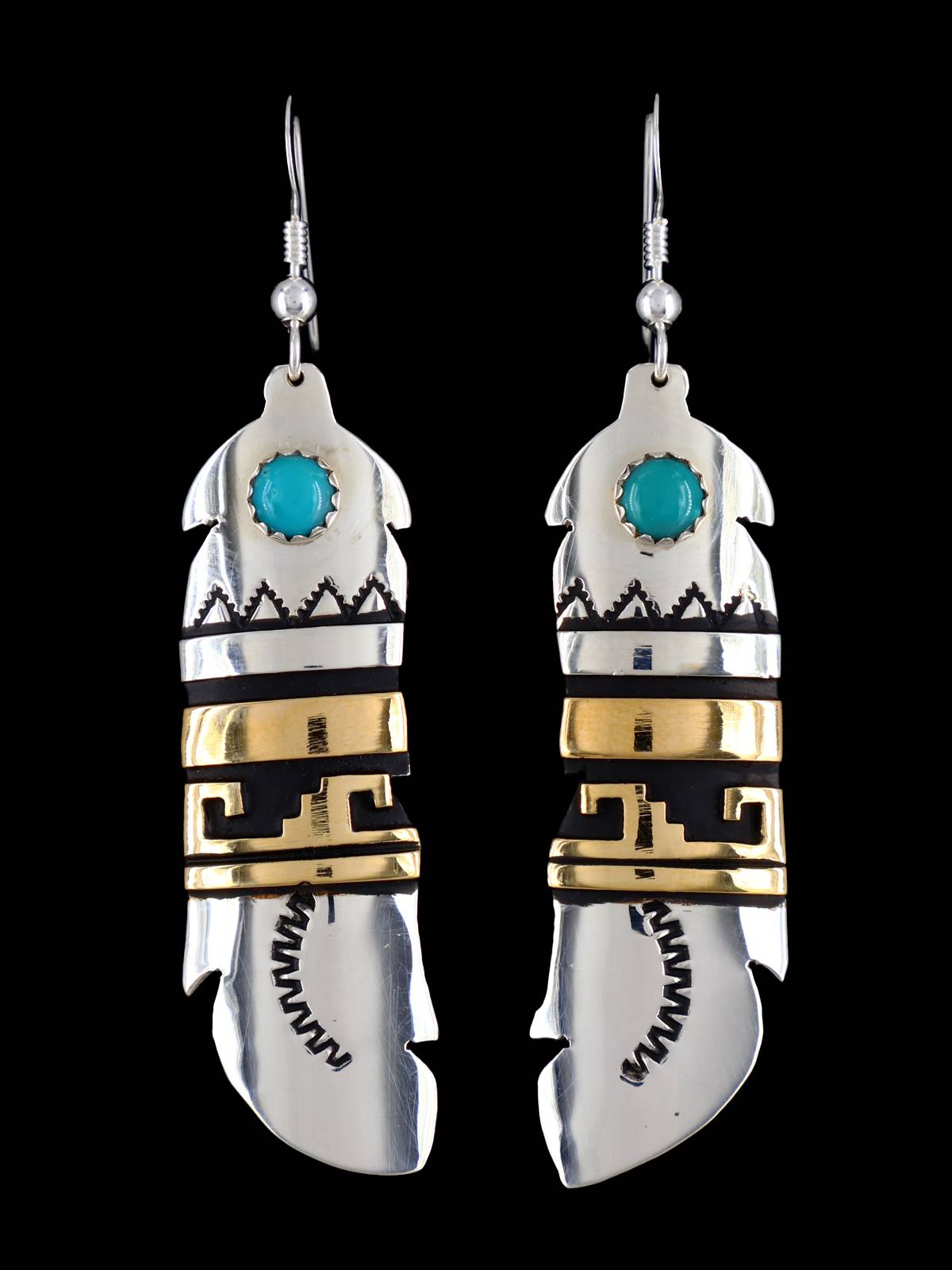 Navajo Overlay Sterling Silver and Gold Dangle Earrings