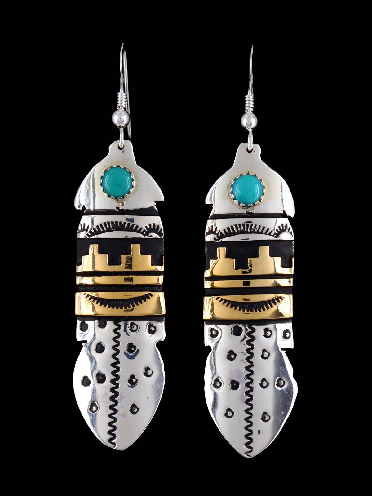 Navajo Overlay Sterling Silver and Gold Dangle Earrings