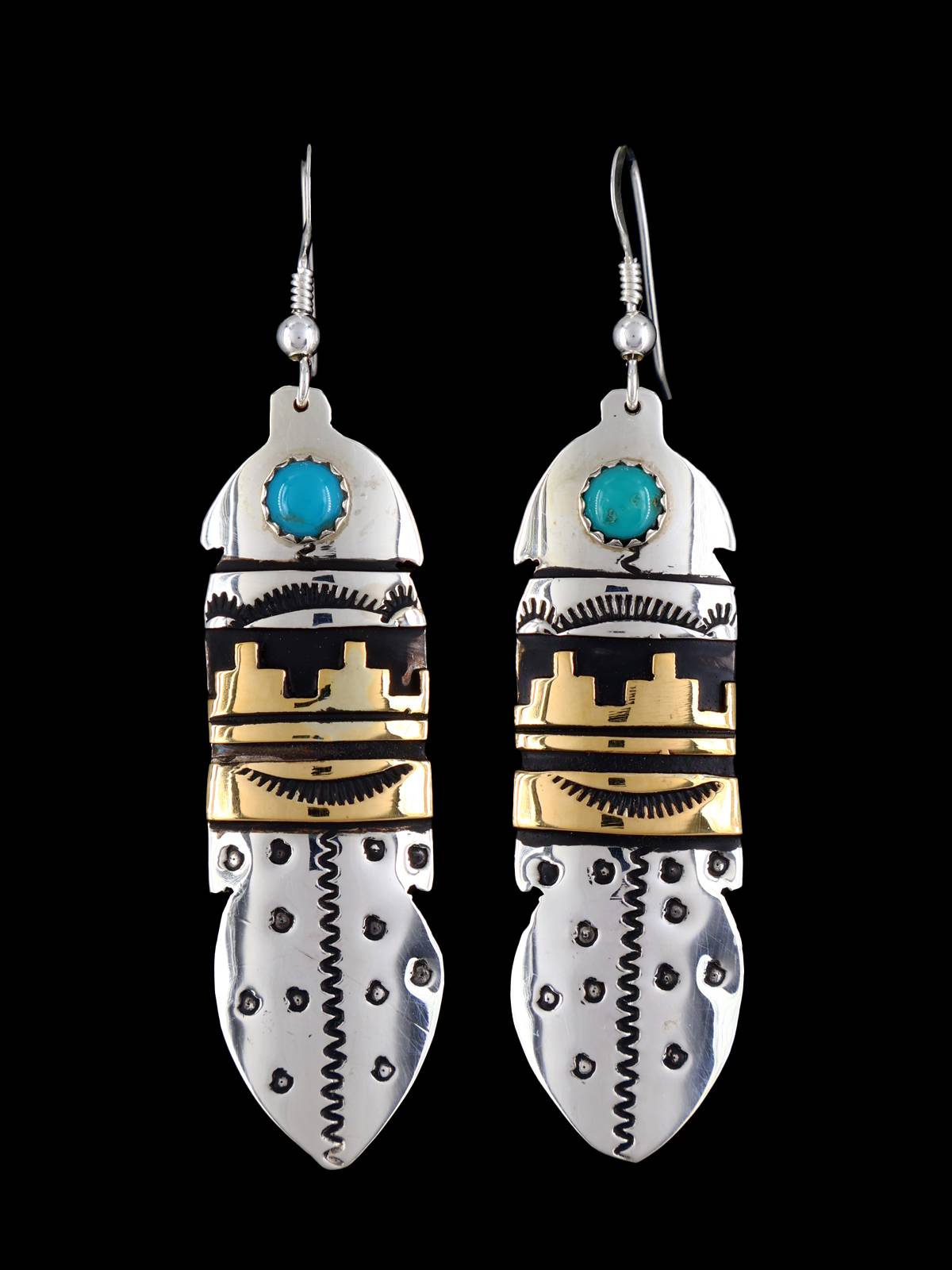 Navajo Overlay Sterling Silver and Gold Dangle Earrings