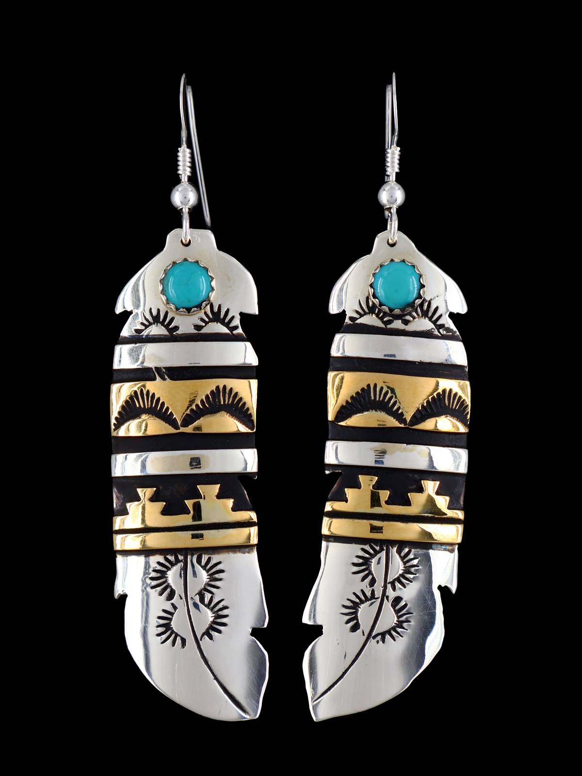 Navajo Overlay Sterling Silver and Gold Dangle Earrings