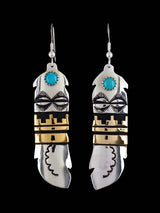 Navajo Overlay Sterling Silver and Gold Dangle Earrings