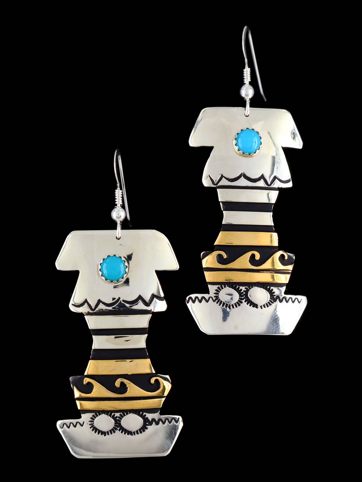 Navajo Overlay Sterling Silver and Gold Dangle Earrings