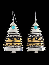 Navajo Overlay Sterling Silver and Gold Christmas Tree Dangle Earrings - PuebloDirect.com