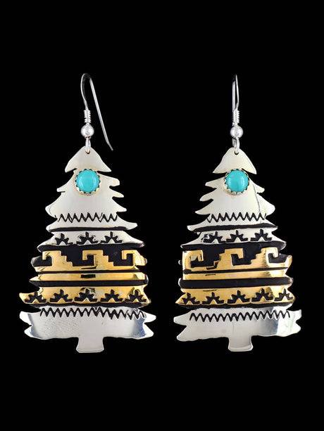 Navajo Overlay Sterling Silver and Gold Christmas Tree Dangle Earrings - PuebloDirect.com