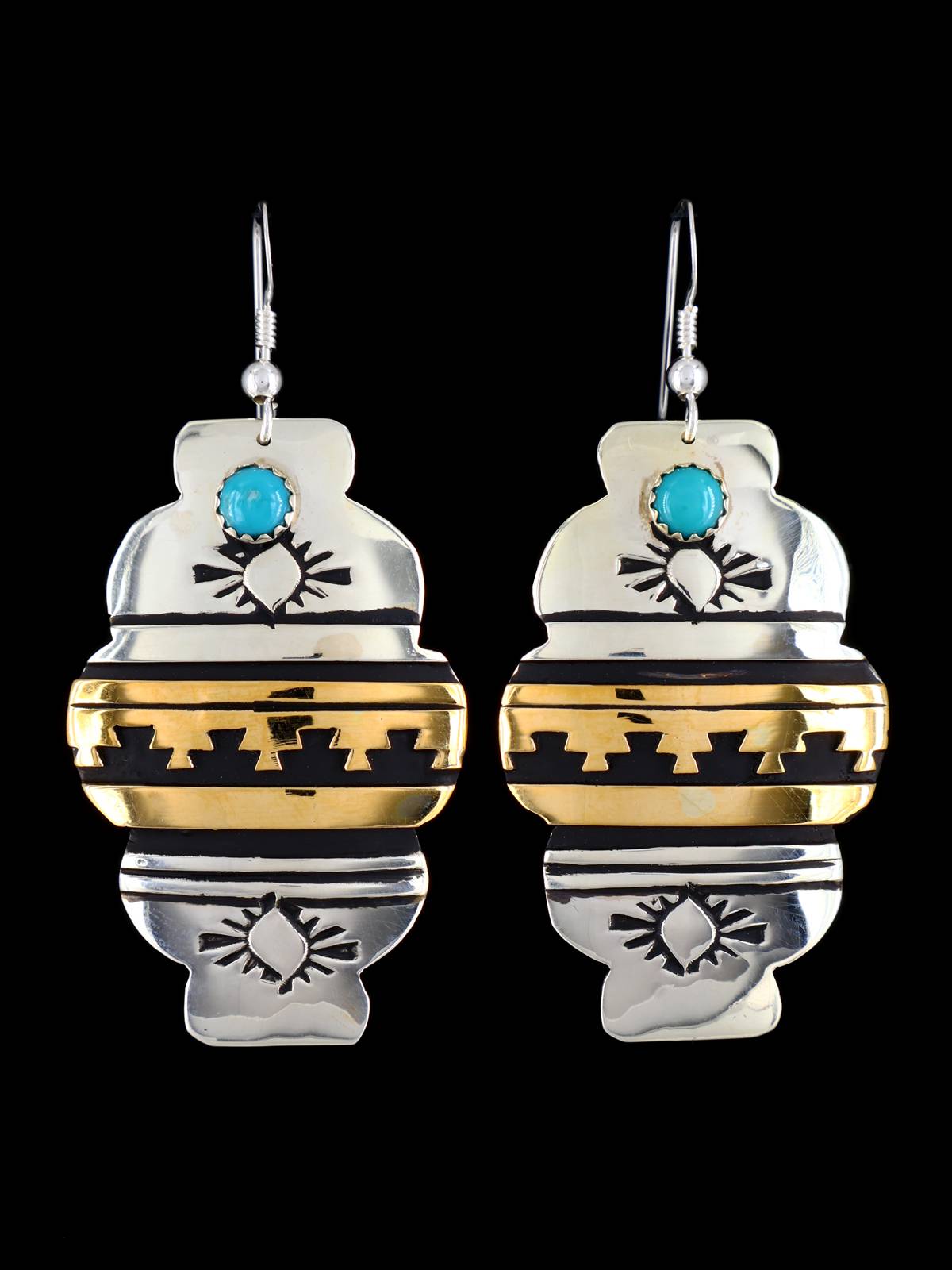Navajo Overlay Sterling Silver and Gold Dangle Earrings