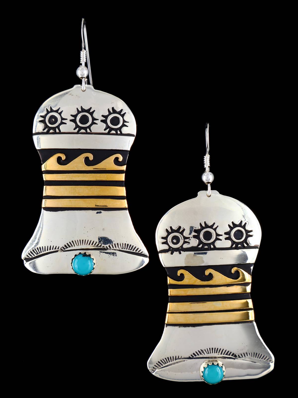 Navajo Overlay Sterling Silver and Gold Bell Dangle Earrings - PuebloDirect.com