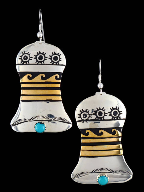 Navajo Overlay Sterling Silver and Gold Bell Dangle Earrings - PuebloDirect.com