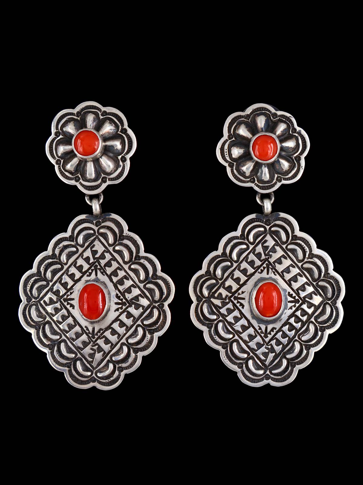 Native American Jewelry Coral Stamped Sterling Post Earrings