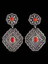 Native American Jewelry Coral Stamped Sterling Post Earrings