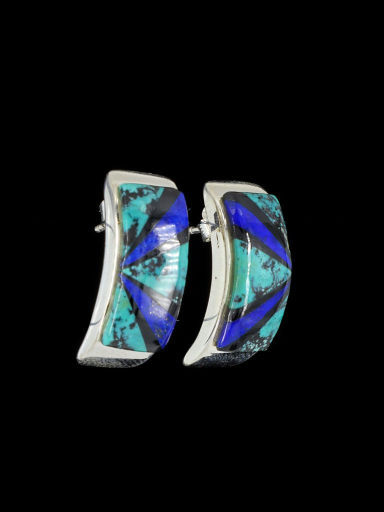 Sterling Silver Turquoise and Lapis Post Inlay Earrings - PuebloDirect.com