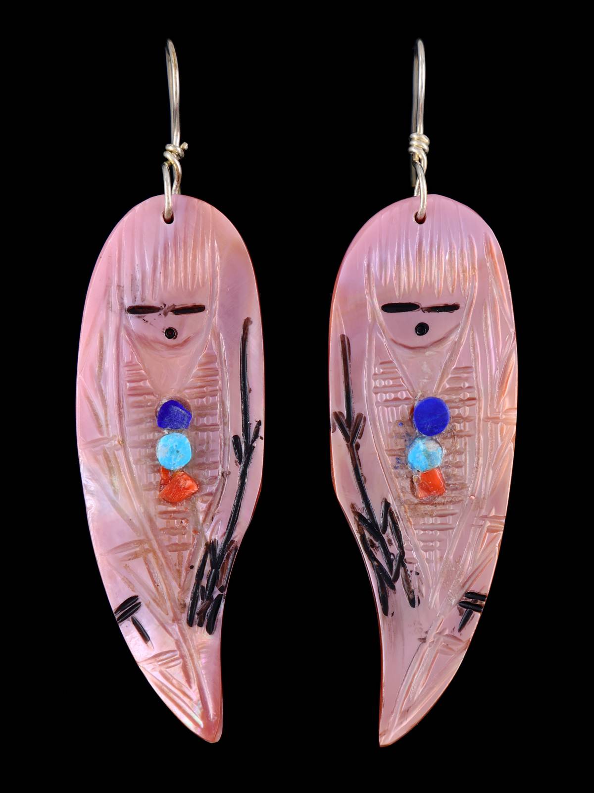 Zuni Inlay Pink Shell Maiden Dangle Earrings - PuebloDirect.com