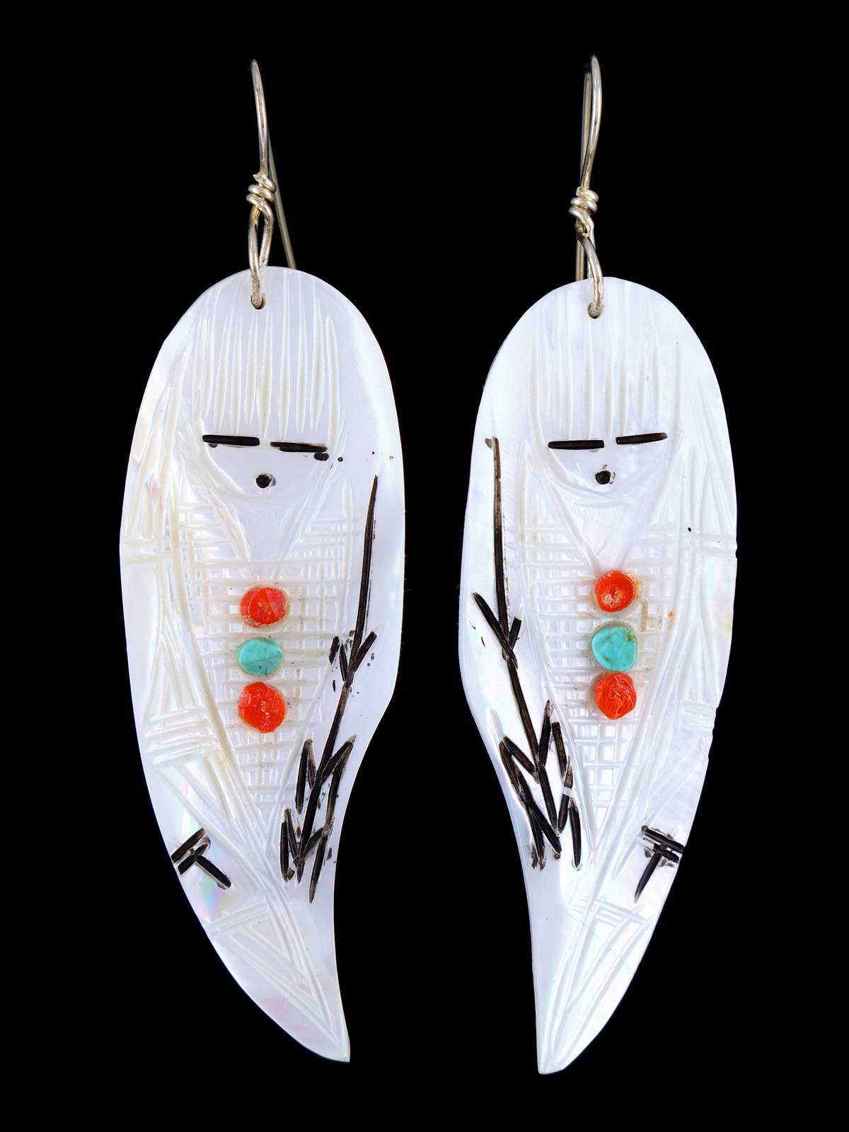 Zuni Inlay Mother of Pearl Maiden Dangle Earrings - PuebloDirect.com