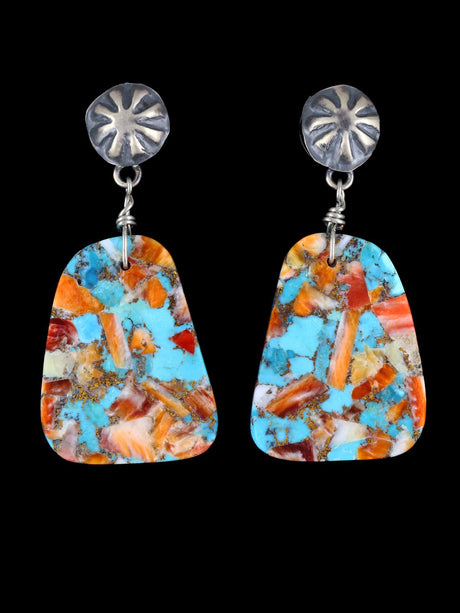 Navajo Turquoise and Spiny Oyster Slab Post Earrings - PuebloDirect.com