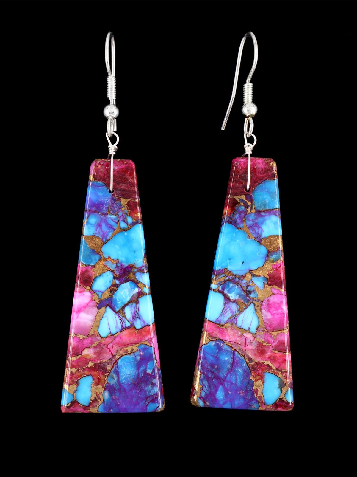 Navajo Compressed Turquoise and Spiny Oyster Slab Earrings - PuebloDirect.com