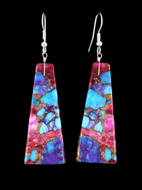 Navajo Compressed Turquoise and Spiny Oyster Slab Earrings - PuebloDirect.com
