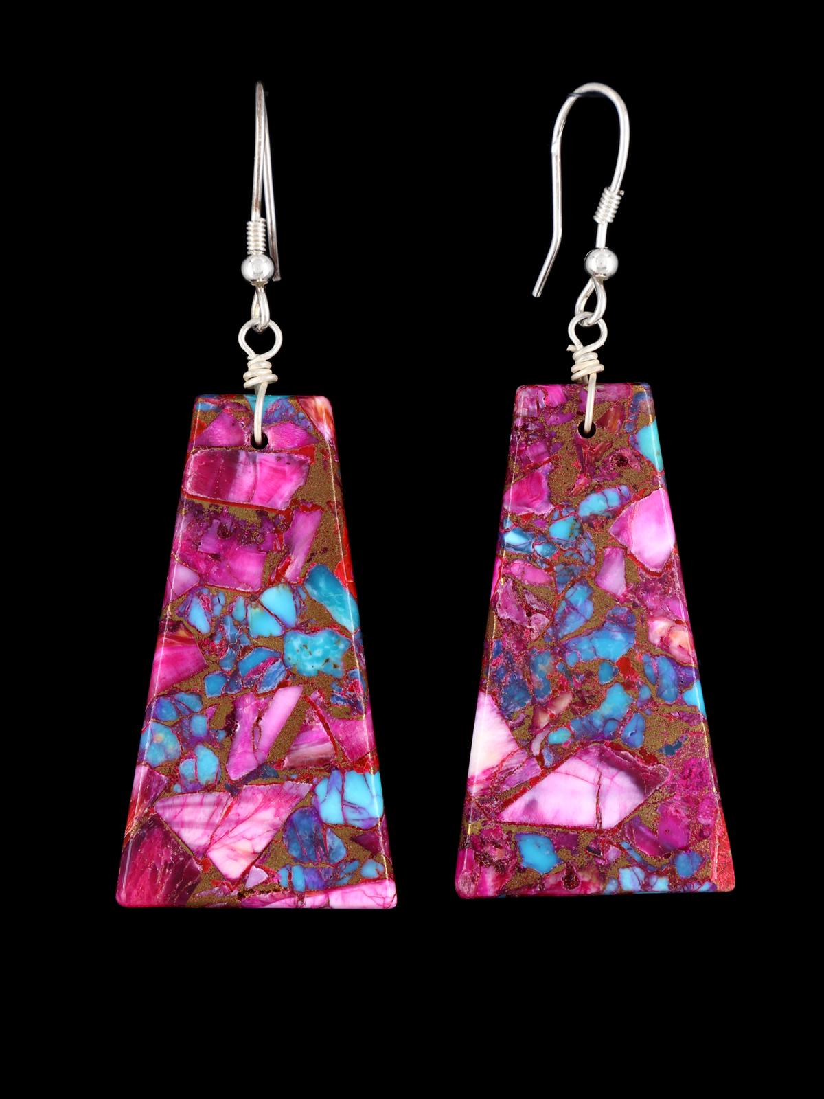 Navajo Turquoise and Spiny Oyster Slab Dangle Earrings - PuebloDirect.com