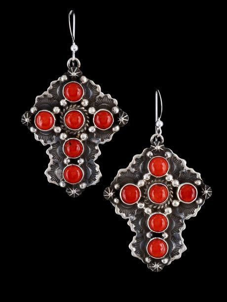 Navajo Jewelry Natural Coral Dangle Cross Earrings - PuebloDirect.com