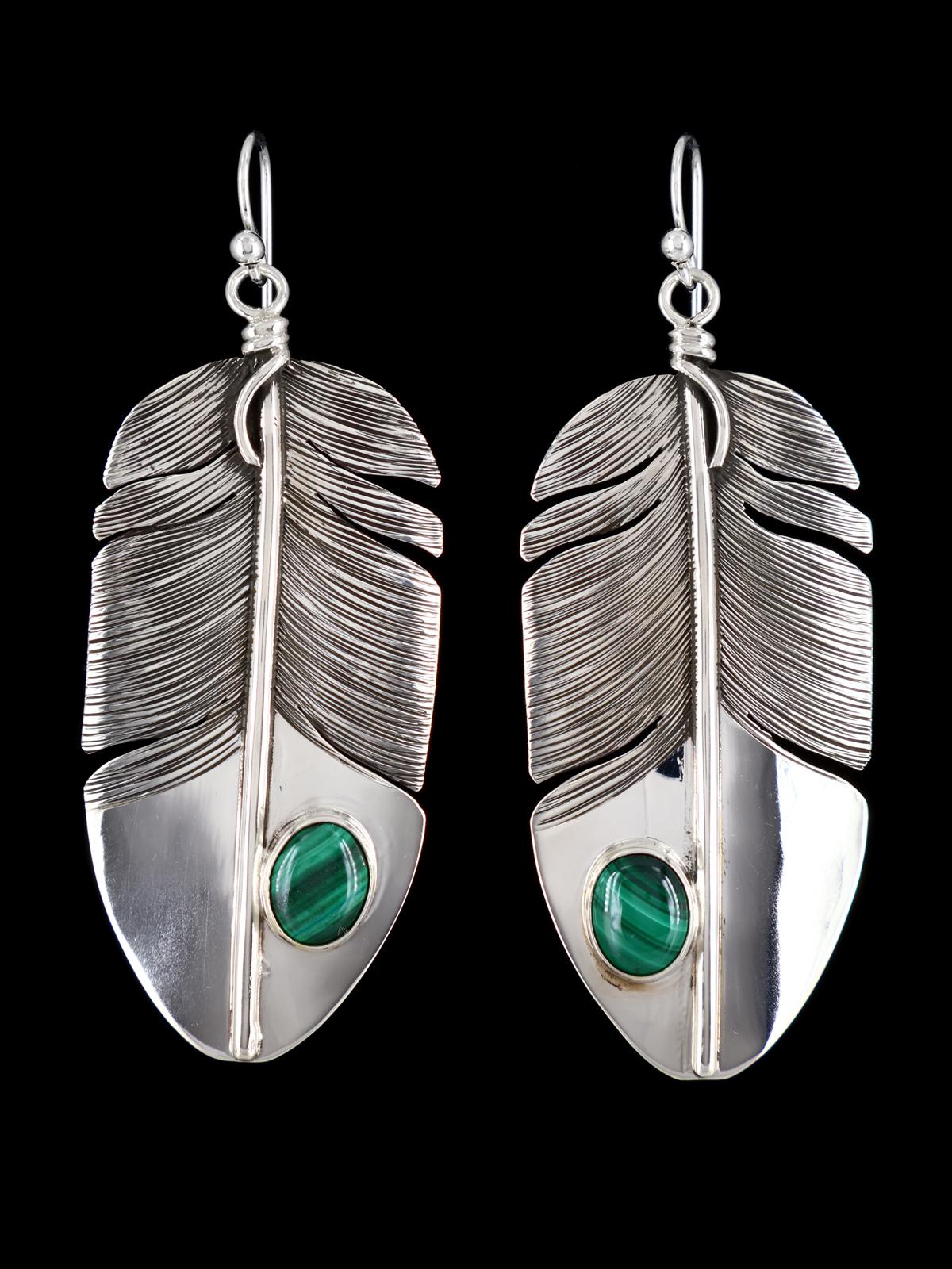 Native American Sterling Silver Malachite Dangle Feather Earrings - PuebloDirect.com