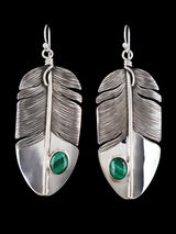 Native American Sterling Silver Malachite Dangle Feather Earrings - PuebloDirect.com