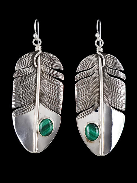 Native American Sterling Silver Malachite Dangle Feather Earrings - PuebloDirect.com