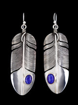 Native American Sterling Silver Lapis Dangle Feather Earrings - PuebloDirect.com