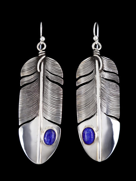 Native American Sterling Silver Lapis Dangle Feather Earrings - PuebloDirect.com