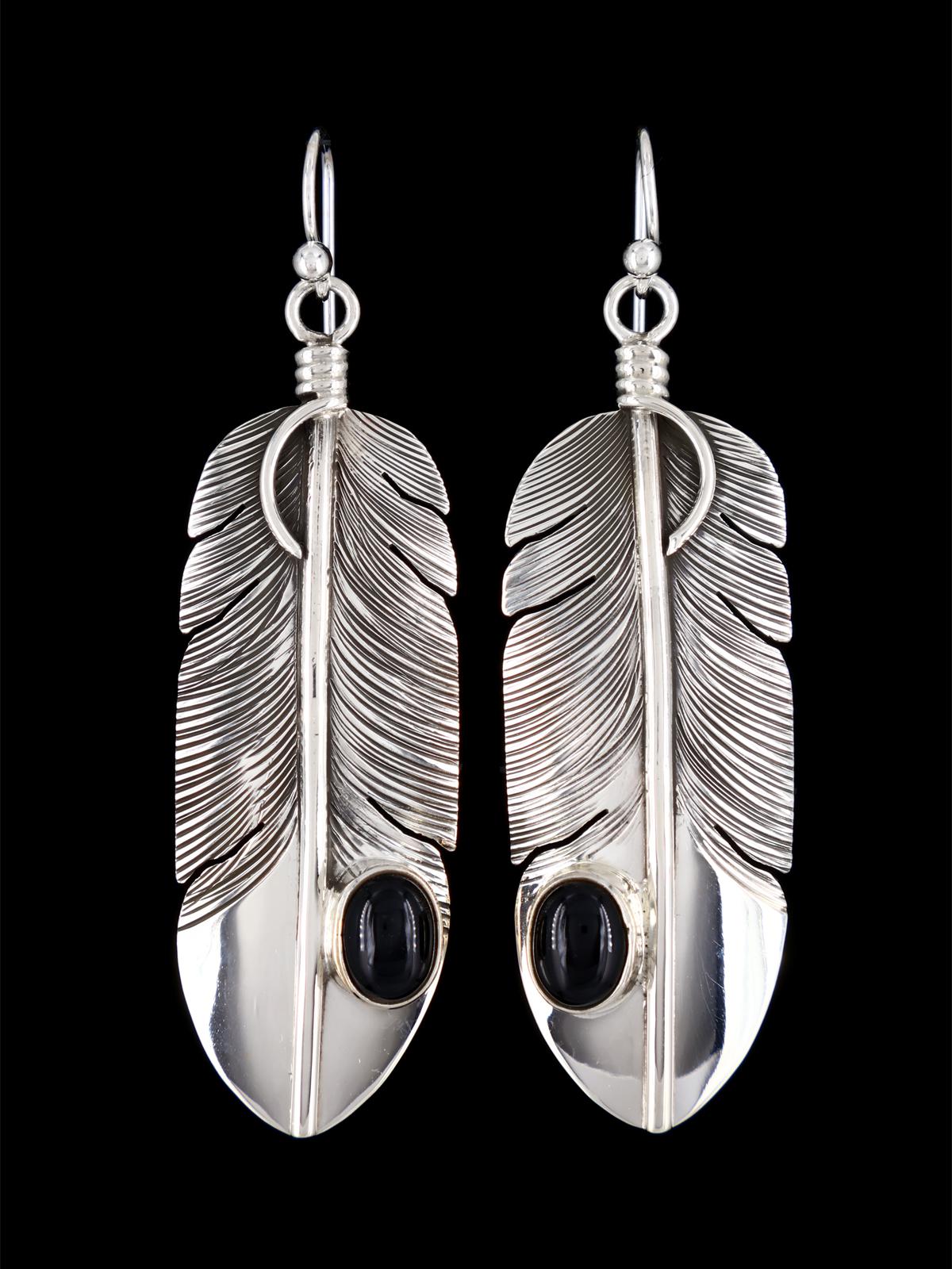 Native American Sterling Silver Onyx Dangle Feather Earrings - PuebloDirect.com