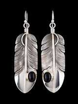 Native American Sterling Silver Onyx Dangle Feather Earrings - PuebloDirect.com
