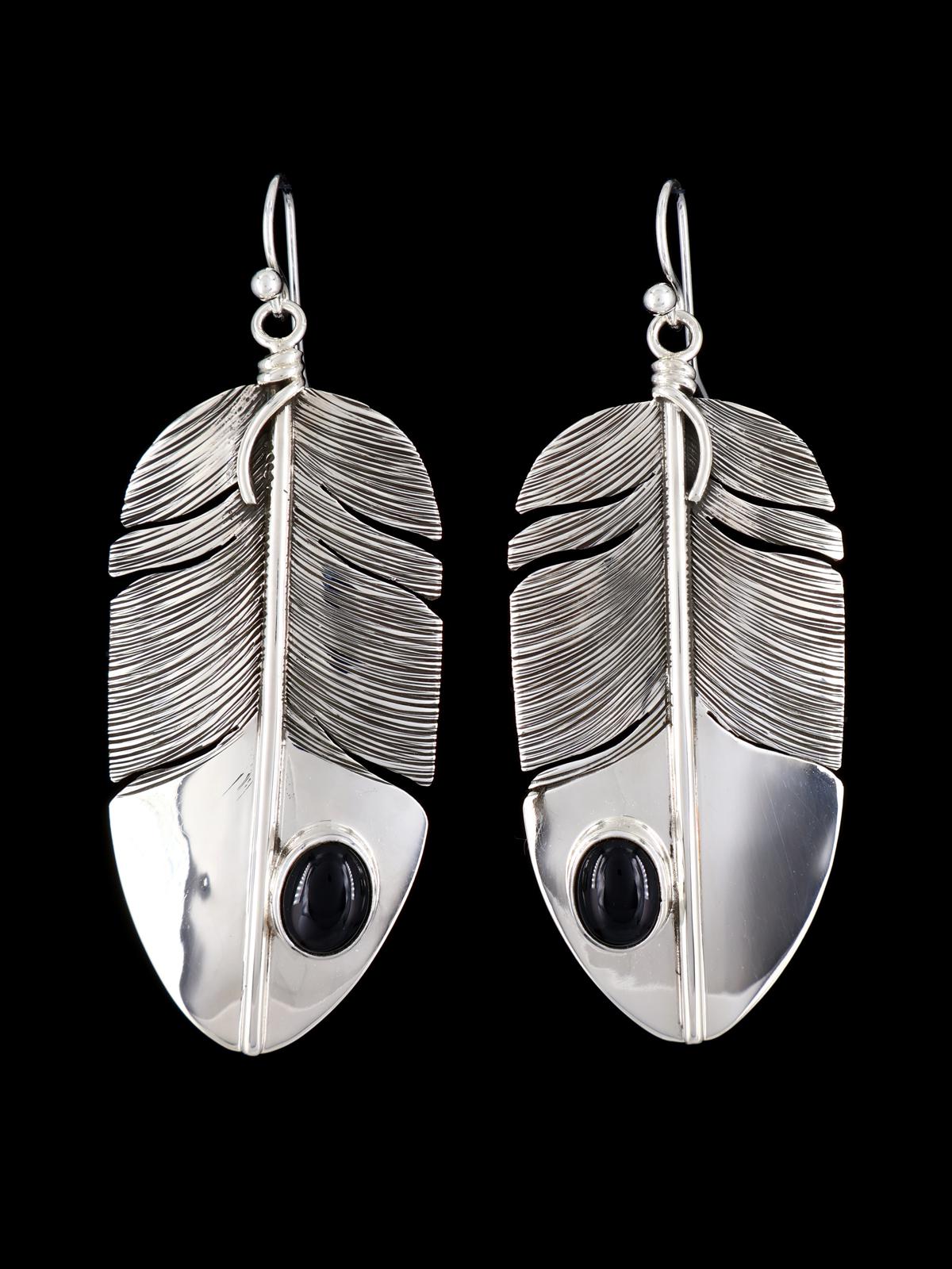 Native American Sterling Silver Onyx Dangle Feather Earrings - PuebloDirect.com
