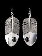 Native American Sterling Silver Onyx Dangle Feather Earrings - PuebloDirect.com