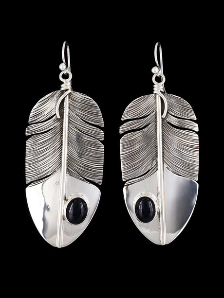 Native American Sterling Silver Onyx Dangle Feather Earrings - PuebloDirect.com
