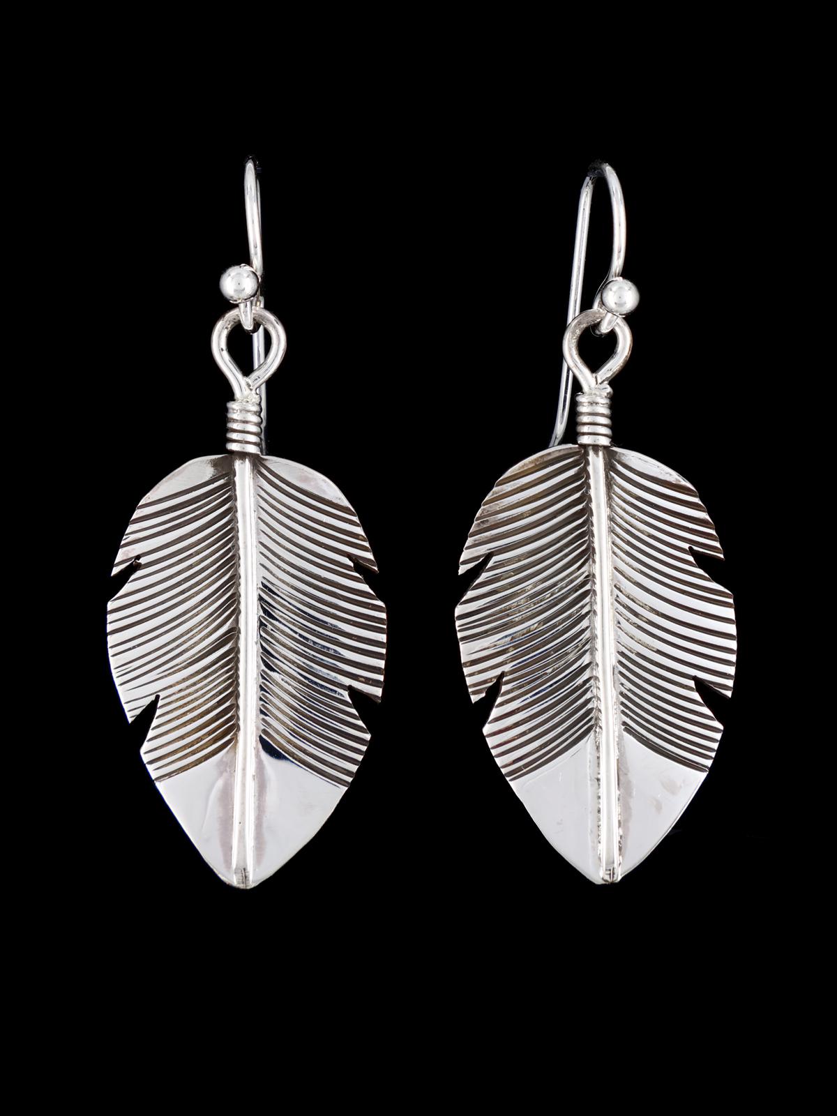 Native American Sterling Silver Dangle Feather Earrings - PuebloDirect.com