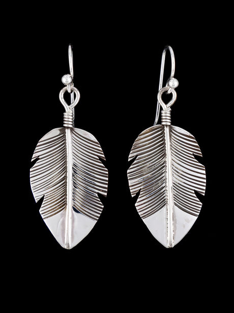 Native American Sterling Silver Dangle Feather Earrings - PuebloDirect.com