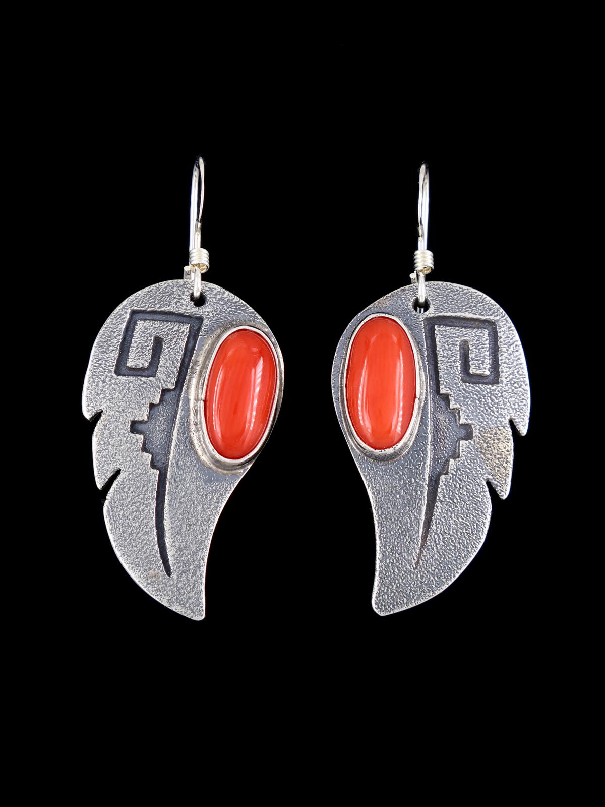 Navajo Coral Sterling Silver Overlay Dangle Earrings - PuebloDirect.com