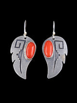 Navajo Coral Sterling Silver Overlay Dangle Earrings - PuebloDirect.com