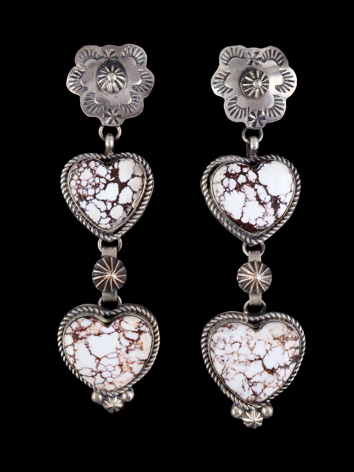 Navajo White Buffalo Heart Sterling Silver Post Earrings - PuebloDirect.com