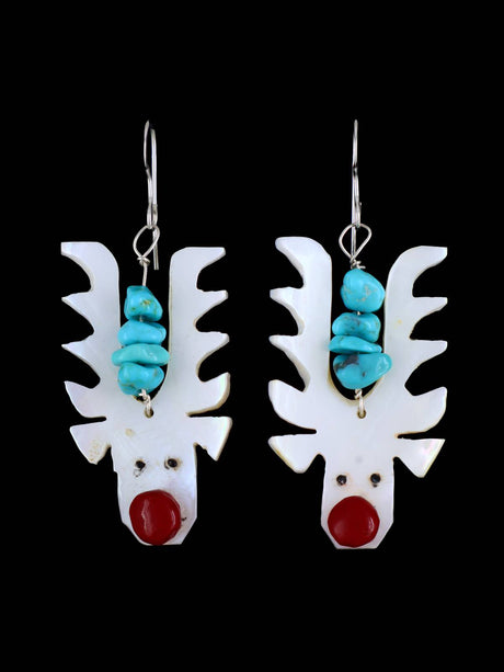 Carved Mother of Pearl Zuni Fetish Reindeer Dangle Earrings - PuebloDirect.com