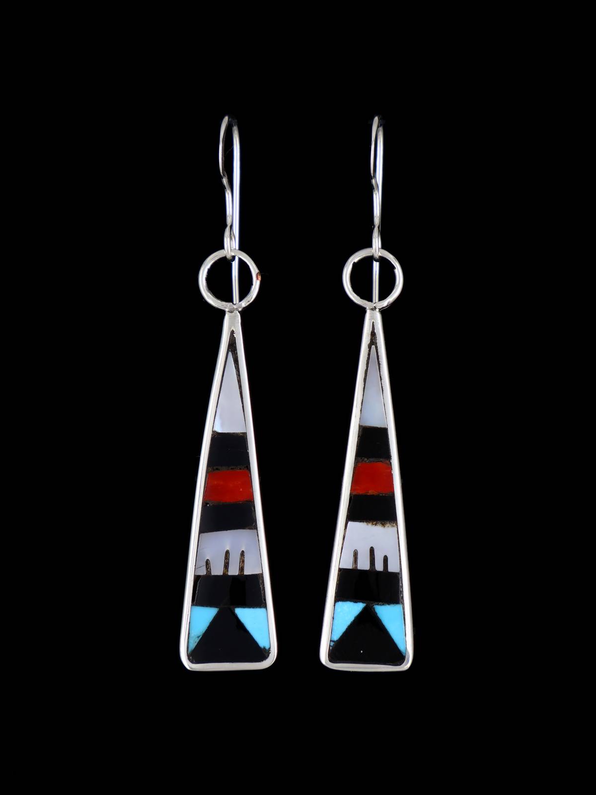 Zuni Inlay Sterling Silver Multistone Dangle Earrings - PuebloDirect.com