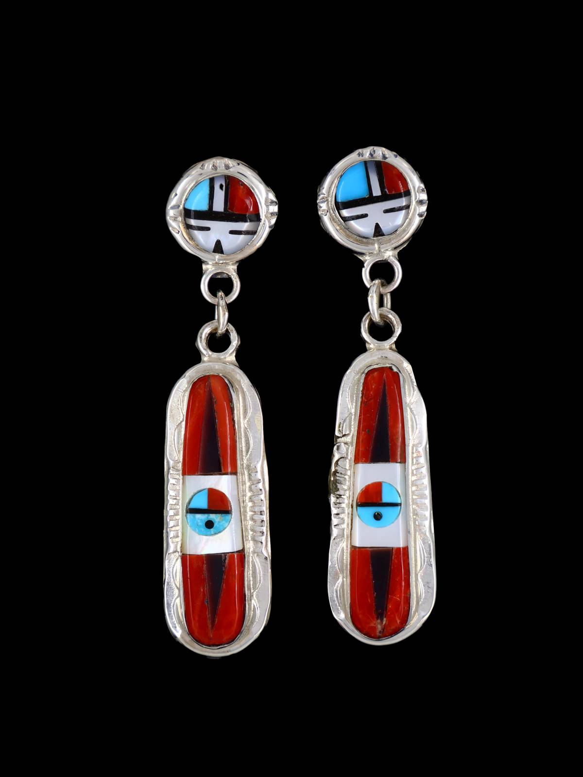 Sterling Silver Zuni Inlay Sunface Post Earrings - PuebloDirect.com